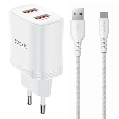 YESIDO YC104 Dual USB Port Charger PD 12W Fast Charging Power Adapter with USB Cable for Smartphones  /  Tablets, EU Plug - White - 1