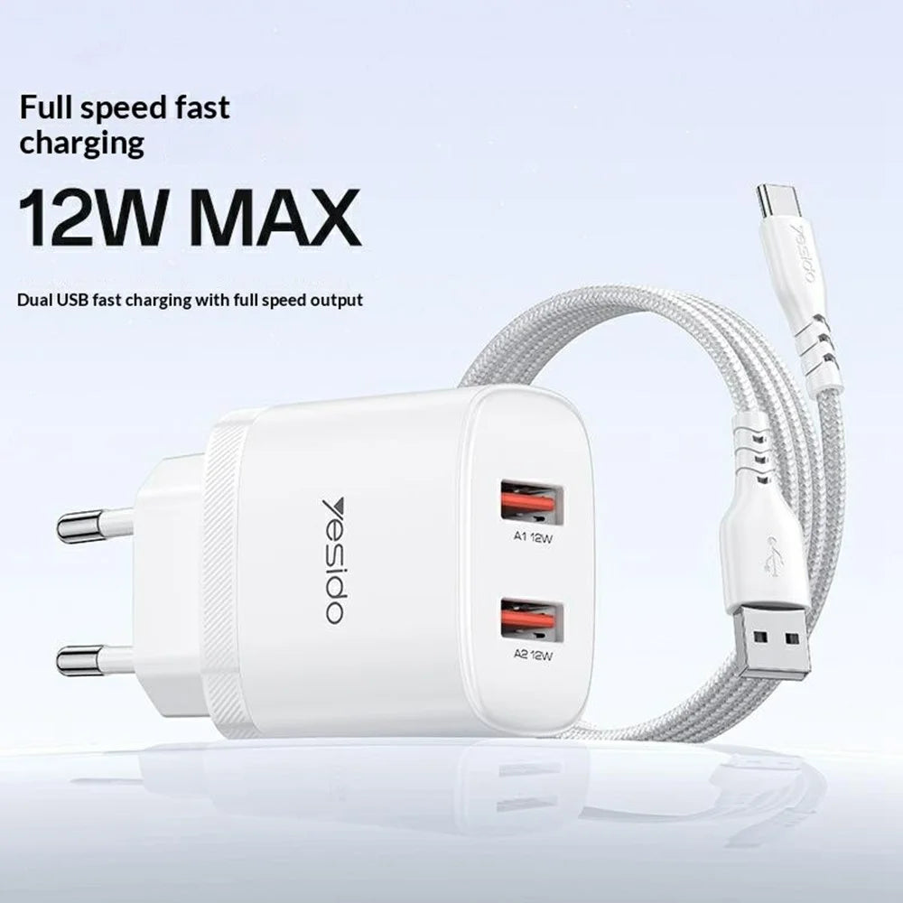 YESIDO YC104 Dual USB Port Charger PD 12W Fast Charging Power Adapter with USB Cable for Smartphones  /  Tablets, EU Plug - White - 2