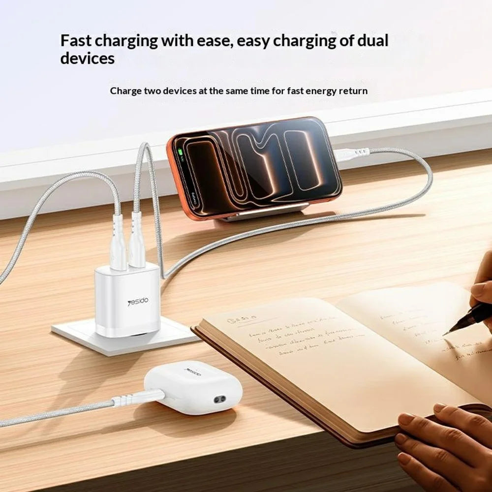 YESIDO YC104 Dual USB Port Charger PD 12W Fast Charging Power Adapter with USB Cable for Smartphones  /  Tablets, EU Plug - White - 3