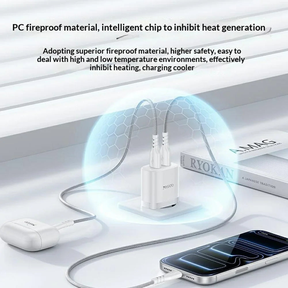 YESIDO YC104 Dual USB Port Charger PD 12W Fast Charging Power Adapter with USB Cable for Smartphones  /  Tablets, EU Plug - White - 4