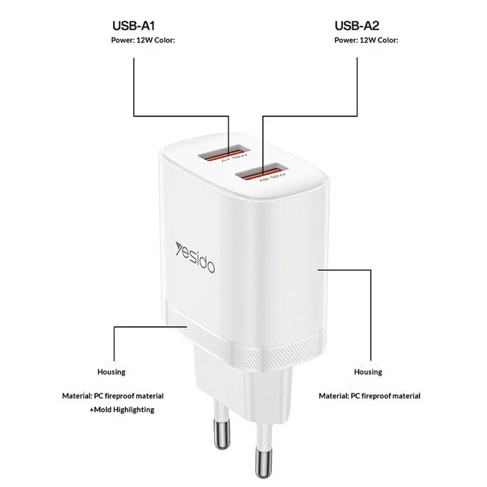YESIDO YC104 Dual USB Port Charger PD 12W Fast Charging Power Adapter with USB Cable for Smartphones  /  Tablets, EU Plug - White - 6