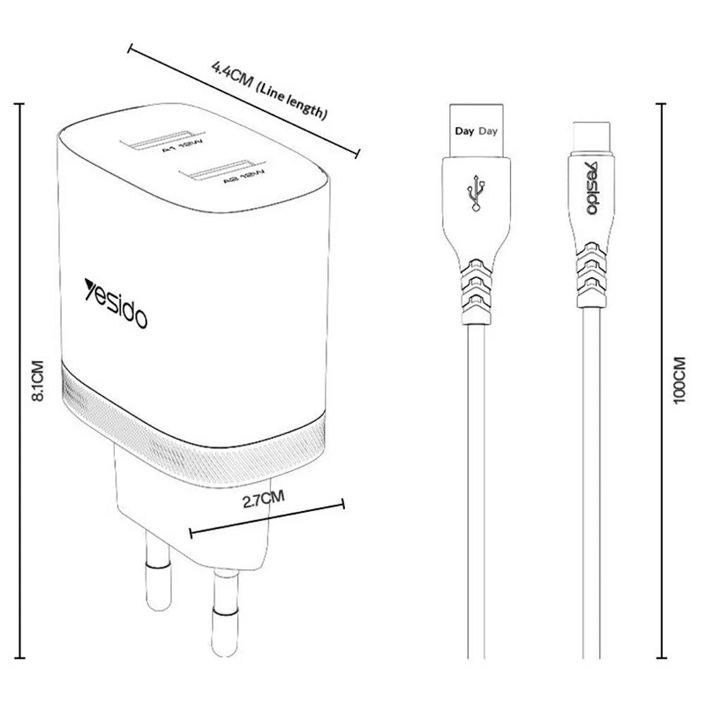YESIDO YC104 Dual USB Port Charger PD 12W Fast Charging Power Adapter with USB Cable for Smartphones  /  Tablets, EU Plug - White - 7