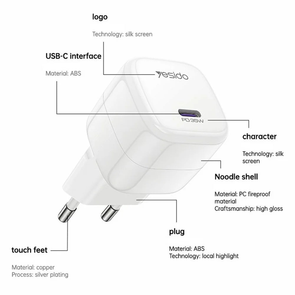 YESIDO YC103 PD 35W GaN Wall Charger USB-C Fast Charging Power Adapter Compact Travel Phone Charger, EU Plug - White - 7