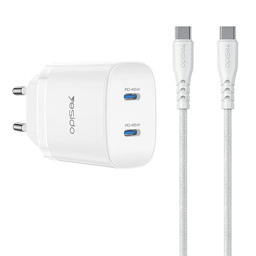 YESIDO YC109 PD 45W Dual USB-C Charger Set with USB-C Cable Fast Charging Power Adapter, EU Plug - White - 1