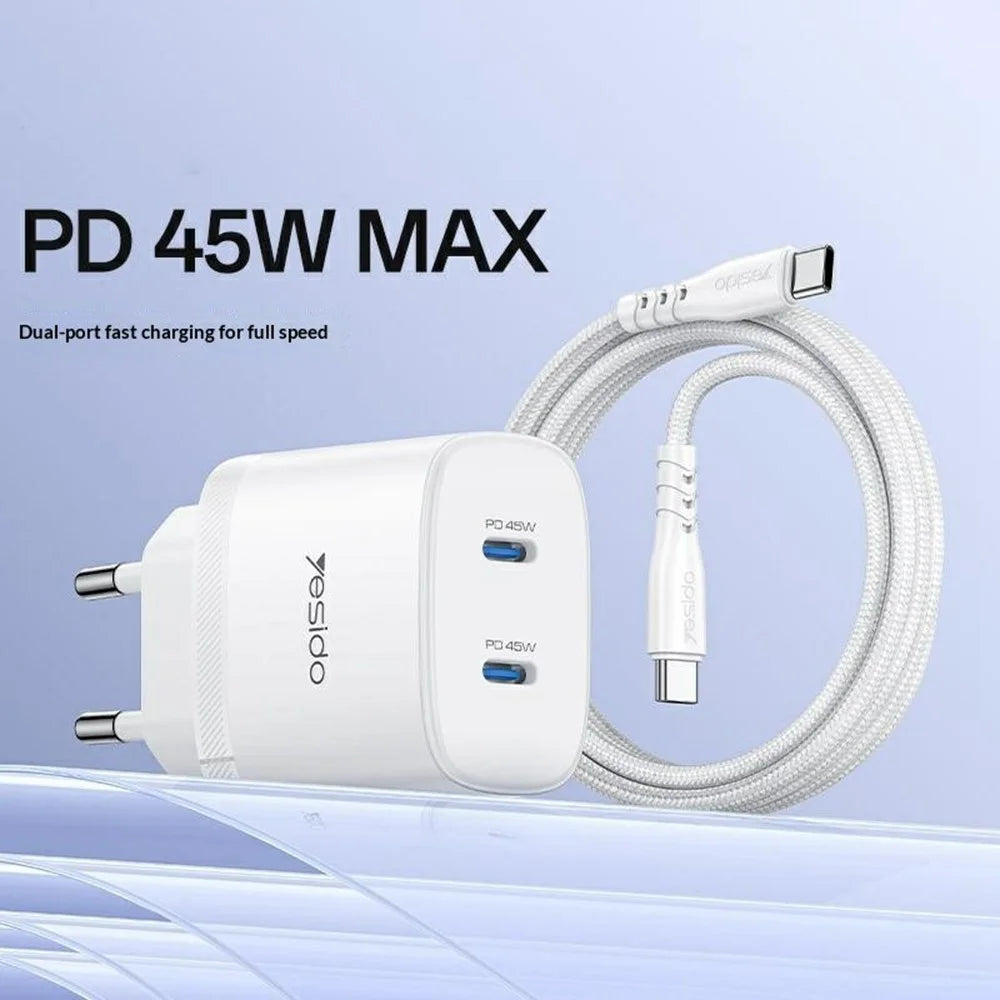 YESIDO YC109 PD 45W Dual USB-C Charger Set with USB-C Cable Fast Charging Power Adapter, EU Plug - White - 2