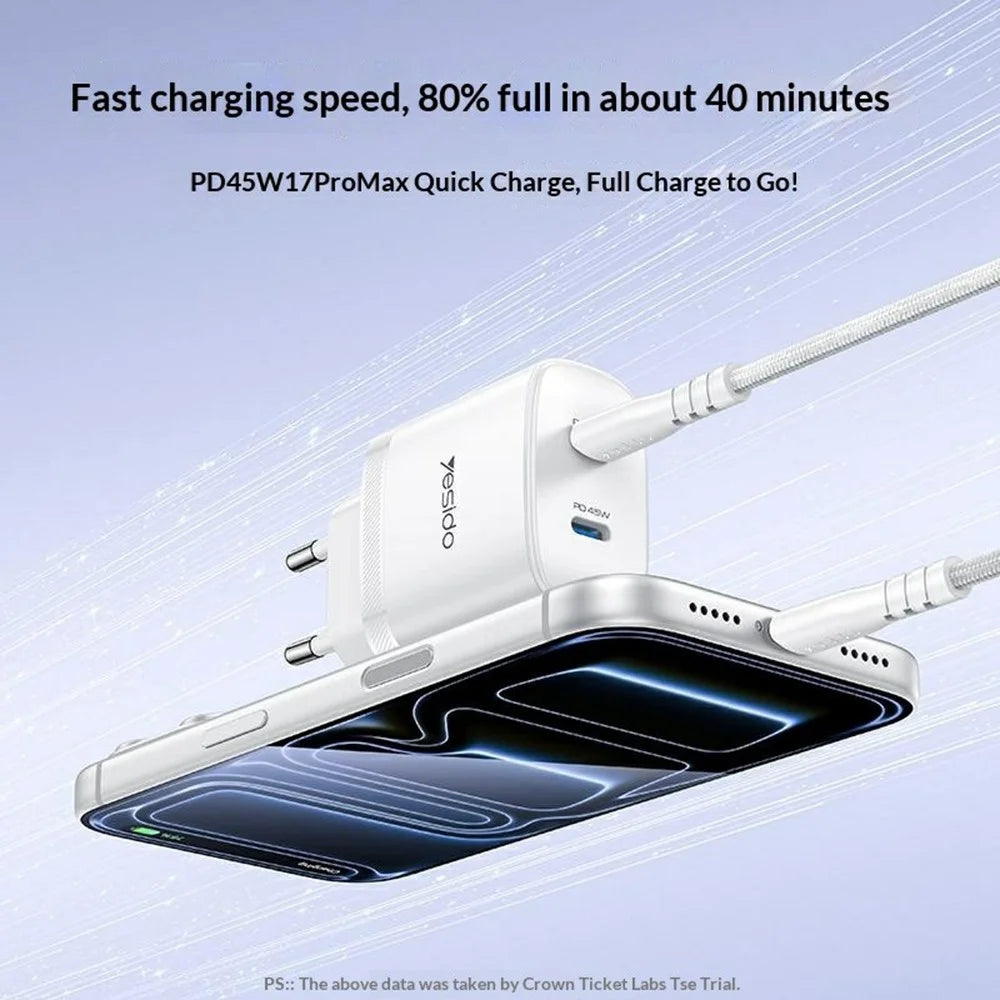 YESIDO YC109 PD 45W Dual USB-C Charger Set with USB-C Cable Fast Charging Power Adapter, EU Plug - White - 4