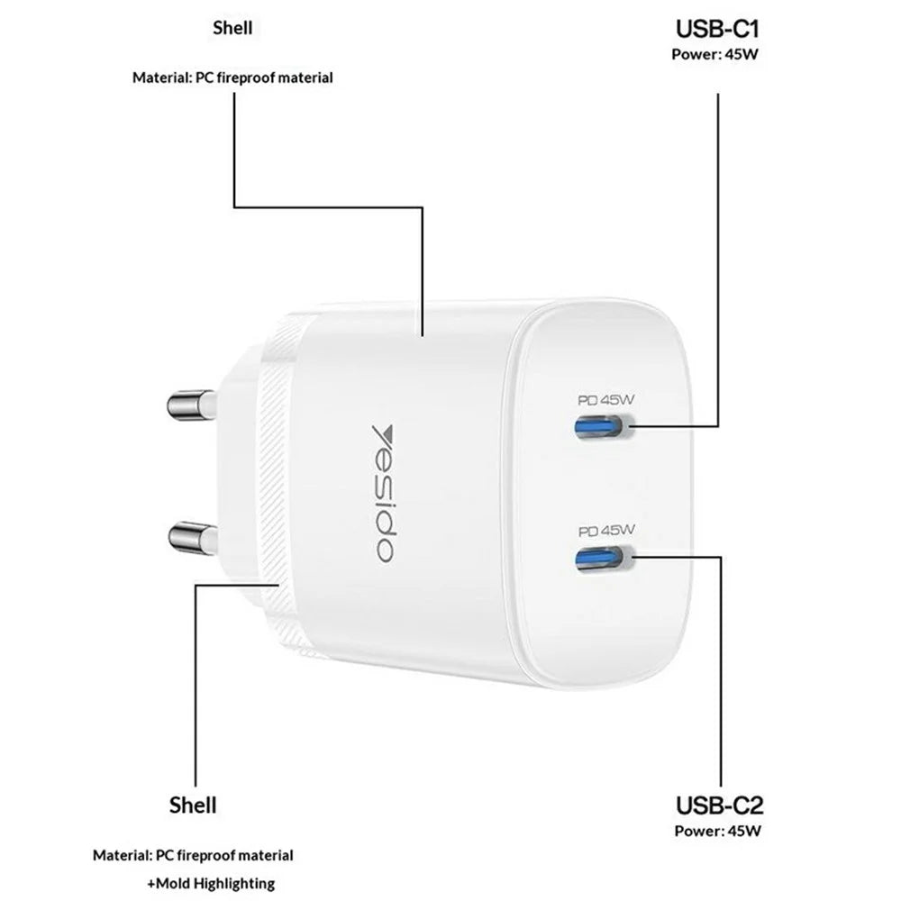 YESIDO YC109 PD 45W Dual USB-C Charger Set with USB-C Cable Fast Charging Power Adapter, EU Plug - White - 6