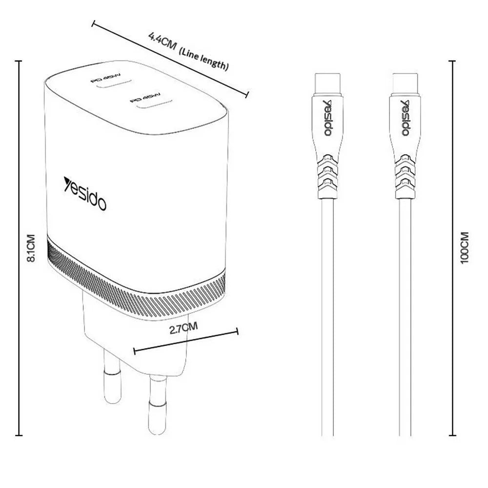 YESIDO YC109 PD 45W Dual USB-C Charger Set with USB-C Cable Fast Charging Power Adapter, EU Plug - White - 7