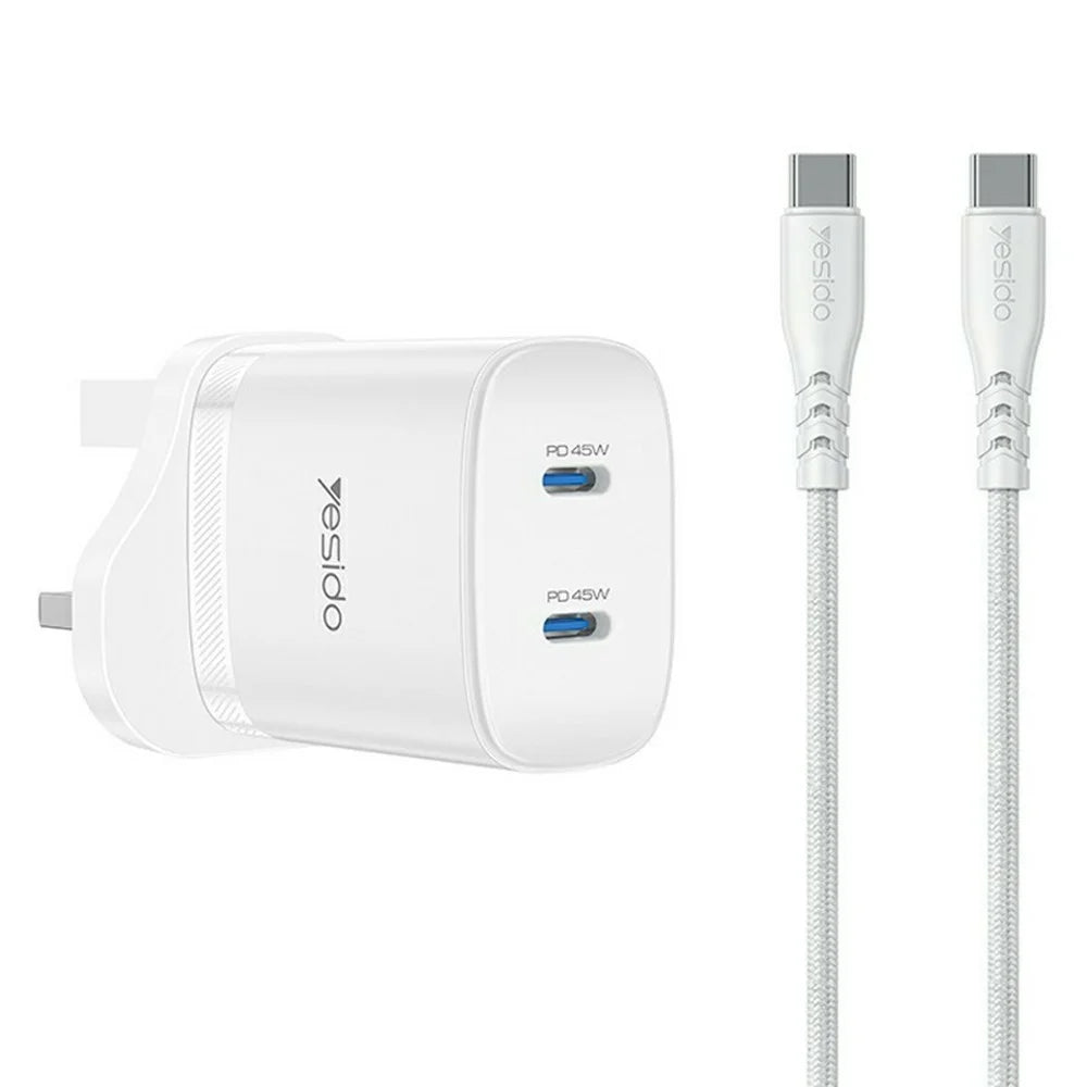 YESIDO YC155 PD 45W Fast Charger Dual USB-C Ports Travel Adapter with USB-C Cable for Home  /  Office - UK Plug - 1