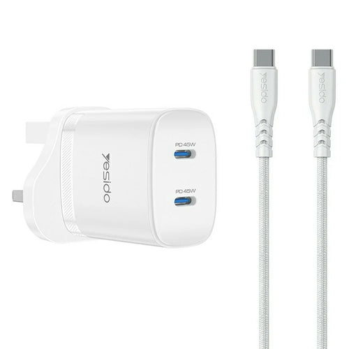 YESIDO YC155 PD 45W Fast Charger Dual USB-C Ports Travel Adapter with USB-C Cable for Home  /  Office - UK Plug - 1