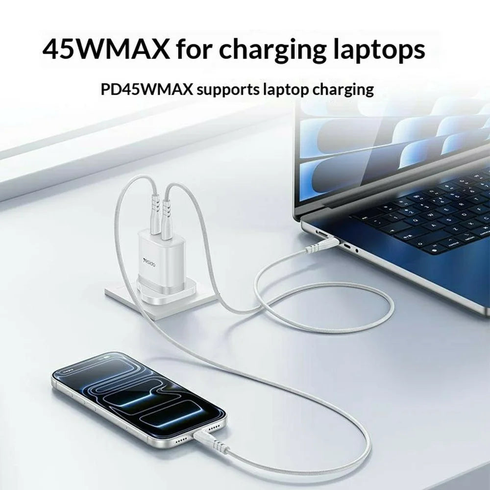YESIDO YC155 PD 45W Fast Charger Dual USB-C Ports Travel Adapter with USB-C Cable for Home  /  Office - UK Plug - 2