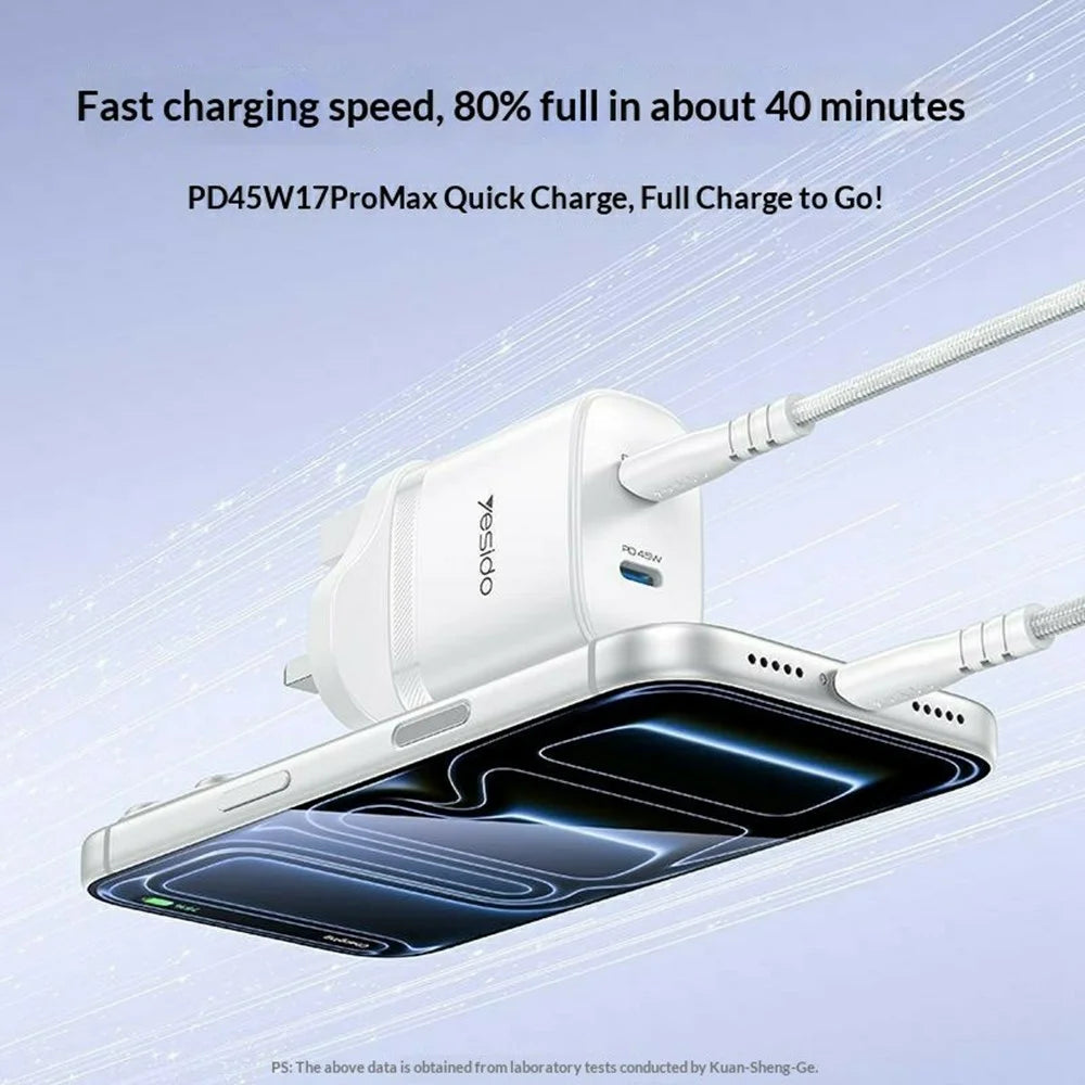YESIDO YC155 PD 45W Fast Charger Dual USB-C Ports Travel Adapter with USB-C Cable for Home  /  Office - UK Plug - 3