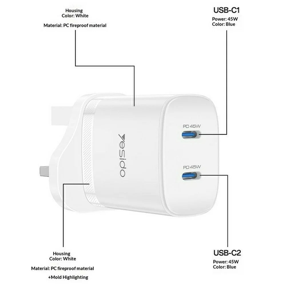 YESIDO YC155 PD 45W Fast Charger Dual USB-C Ports Travel Adapter with USB-C Cable for Home  /  Office - UK Plug - 7