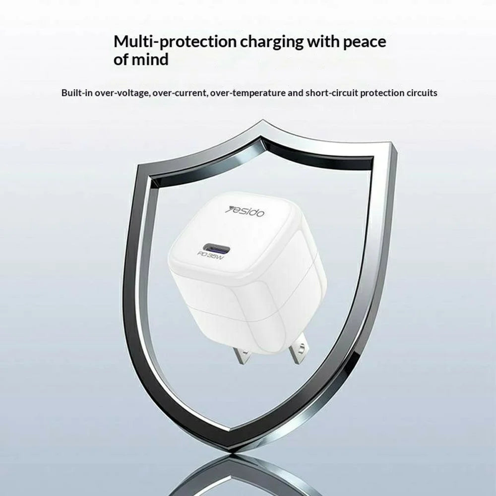 YESIDO YC16U Single USB-C PD 35W Charger Adapter Fast Charging Portable Mini Wall Charger - US Plug - 5