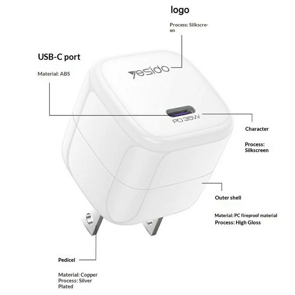 YESIDO YC16U Single USB-C PD 35W Charger Adapter Fast Charging Portable Mini Wall Charger - US Plug - 7