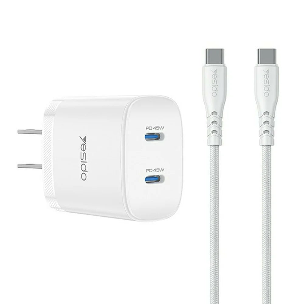 YESIDO YC22U PD 45W Dual USB-C Fast Charger Portable Wall Charger Adapter with USB-C to USB-C Cable - US Plug - 1
