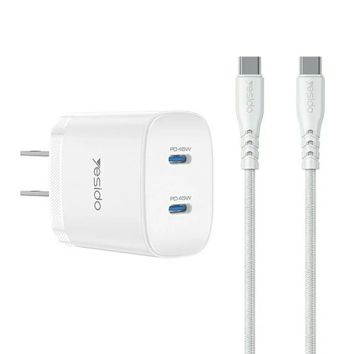 YESIDO YC22U PD 45W Dual USB-C Fast Charger Portable Wall Charger Adapter with USB-C to USB-C Cable - US Plug - 1