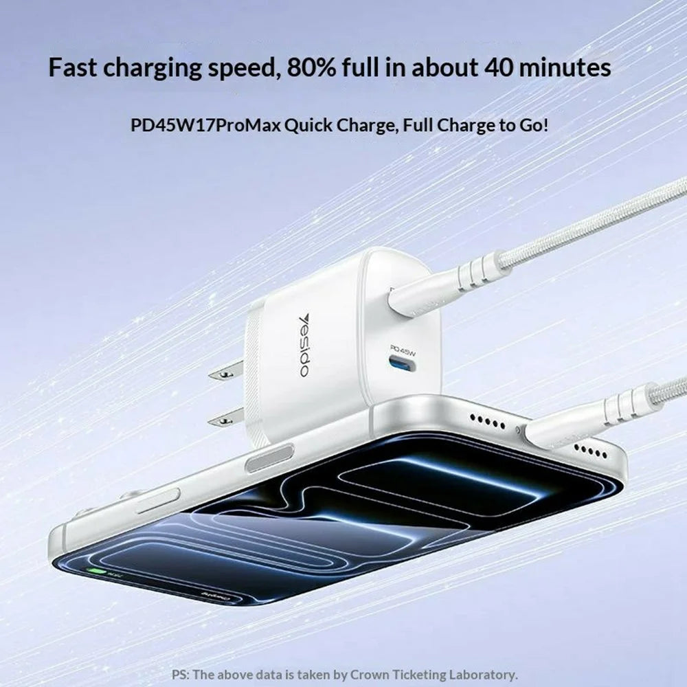 YESIDO YC22U PD 45W Dual USB-C Fast Charger Portable Wall Charger Adapter with USB-C to USB-C Cable - US Plug - 3