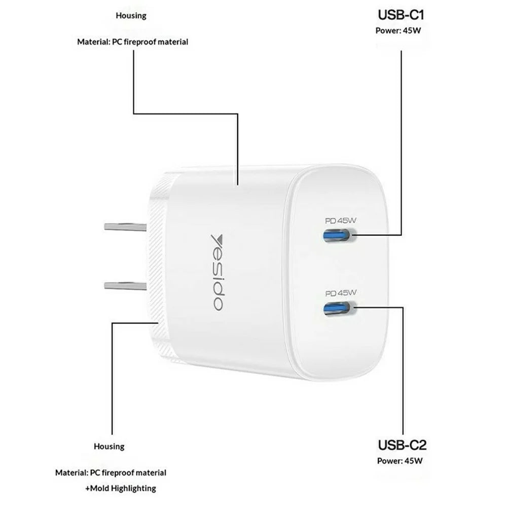 YESIDO YC22U PD 45W Dual USB-C Fast Charger Portable Wall Charger Adapter with USB-C to USB-C Cable - US Plug - 6