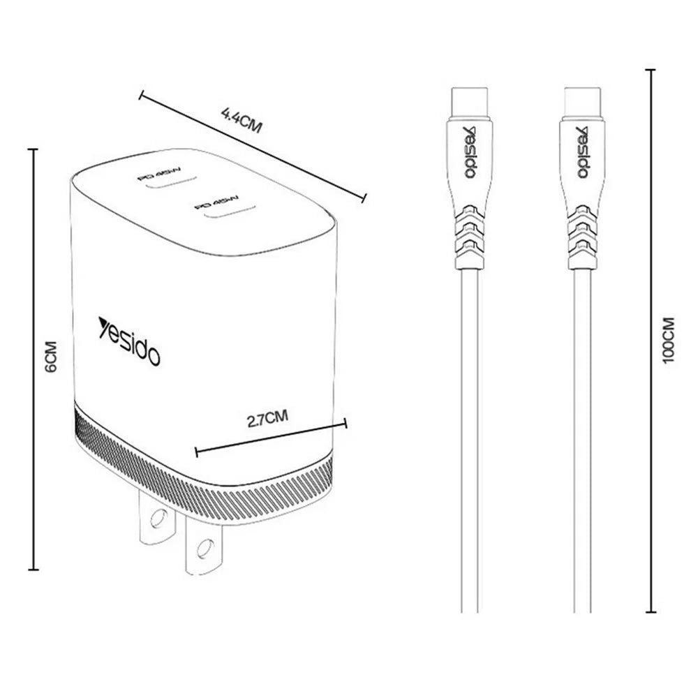 YESIDO YC22U PD 45W Dual USB-C Fast Charger Portable Wall Charger Adapter with USB-C to USB-C Cable - US Plug - 7