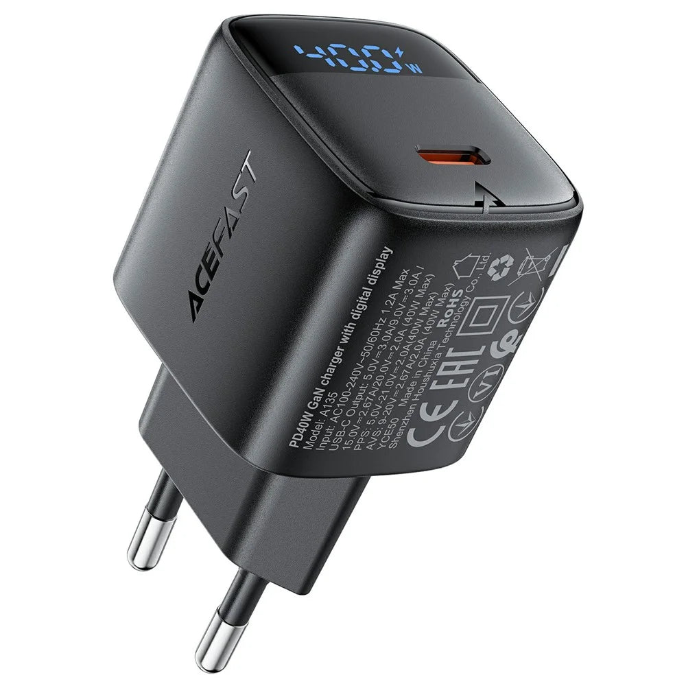 ACEFAST A135 PD 40W GaN Charger USB-C Fast Charging Power Adapter with Digital Display for Phones / Tablets, EU Plug - Black - 1