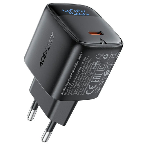 ACEFAST A135 PD 40W GaN Charger USB-C Fast Charging Power Adapter with Digital Display for Phones / Tablets, EU Plug - Black - 1