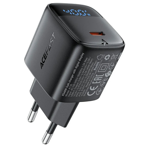 ACEFAST A135 PD 40W GaN Charger USB-C Fast Charging Power Adapter with Digital Display for Phones / Tablets, EU Plug - Black - 1