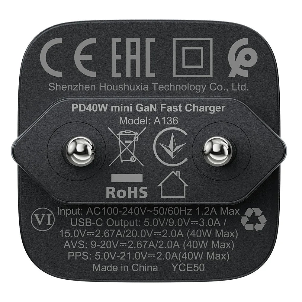 ACEFAST A136 PD 40W Mini GaN USB-C Fast Charger High Power Portable Wall Charger Adapter (EU Plug) - Black - 5