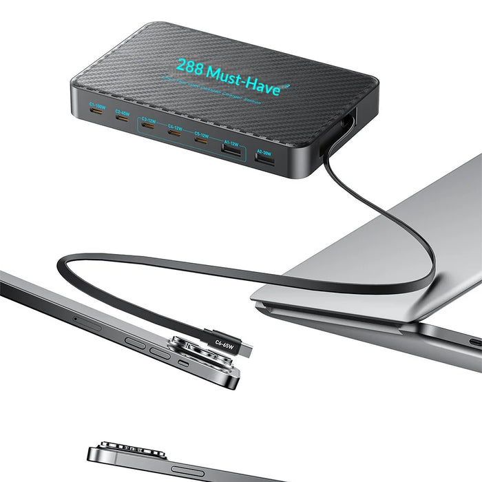 WLX-60A 8 in 1 Multi-Port Desktop Charging Station with Retractable USB-C Cable 100W GaN Fast Charger for Phones/Laptops - US Plug - 3