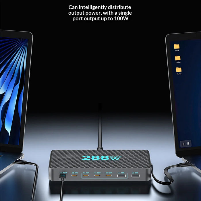 WLX-60A 8 in 1 Multi-Port Desktop Charging Station with Retractable USB-C Cable 100W GaN Fast Charger for Phones/Laptops - US Plug - 4
