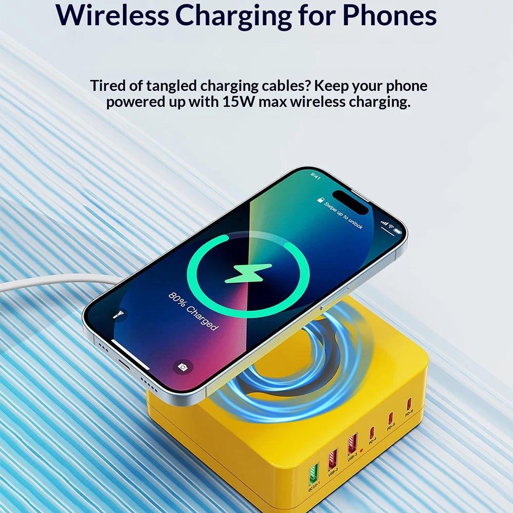 WLX-963L Multi-Port Charging Station PD 65W Fast Charger for Laptop/Tablet/Phone Wireless Charging Dock - US Plug - 3