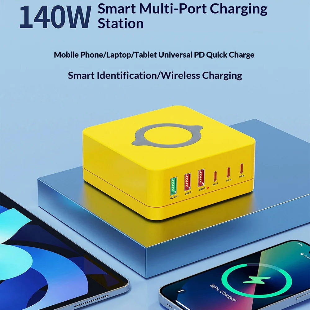 WLX-963L Multi-Port Charging Station PD 65W Fast Charger for Laptop/Tablet/Phone Wireless Charging Dock - US Plug - 7