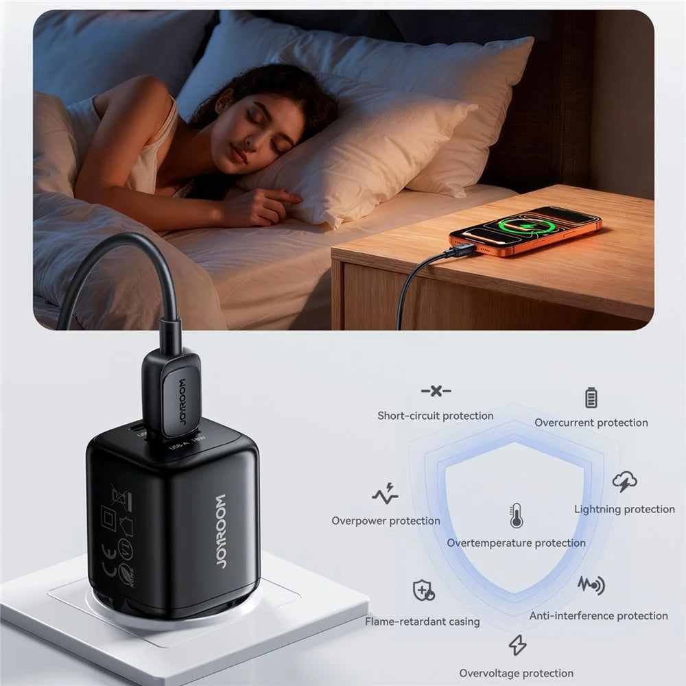 JOYROOM JR-TG7 PD QC3.0 30W Fast Charger USB-C + USB-A Dual Port Power Adapter for Phone Tablet - EU Plug / Black - 4