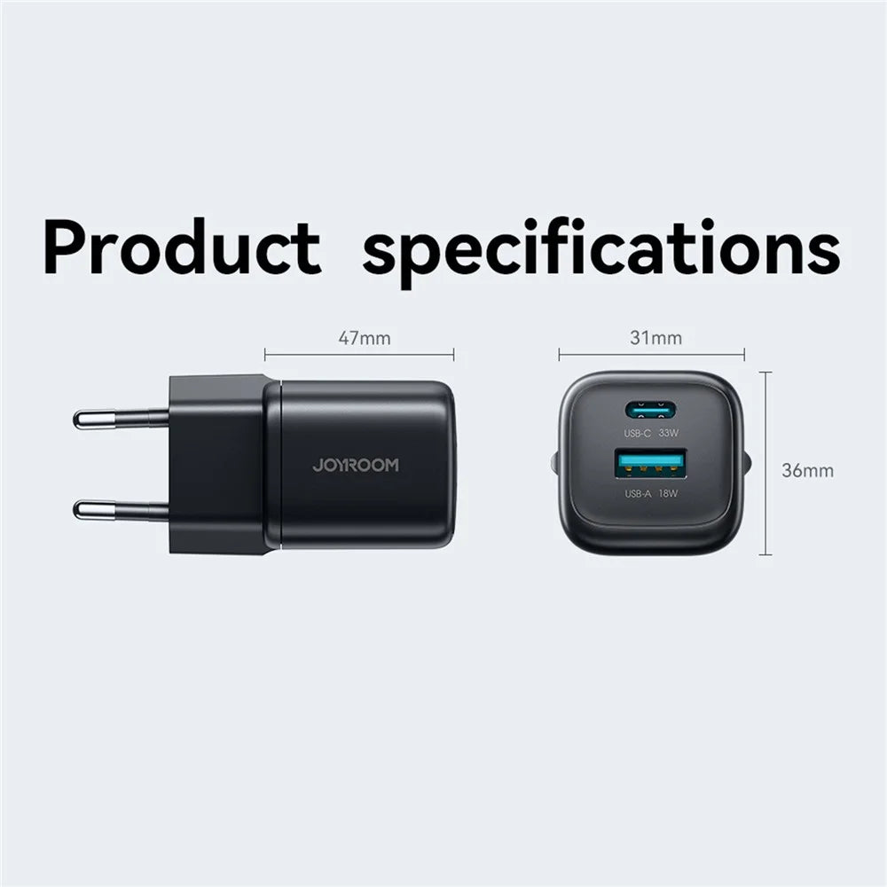 JOYROOM JR-TG7 PD QC3.0 30W Fast Charger USB-C + USB-A Dual Port Power Adapter for Phone Tablet - EU Plug / Black - 6
