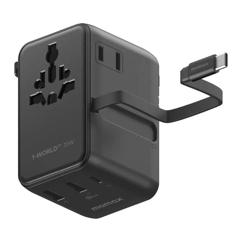 MOMAX UA30 1-World2+ Dual AC Universal Travel Adapter GaN 70W International Power Adapter Built-in Retractable Cable - Black - 1