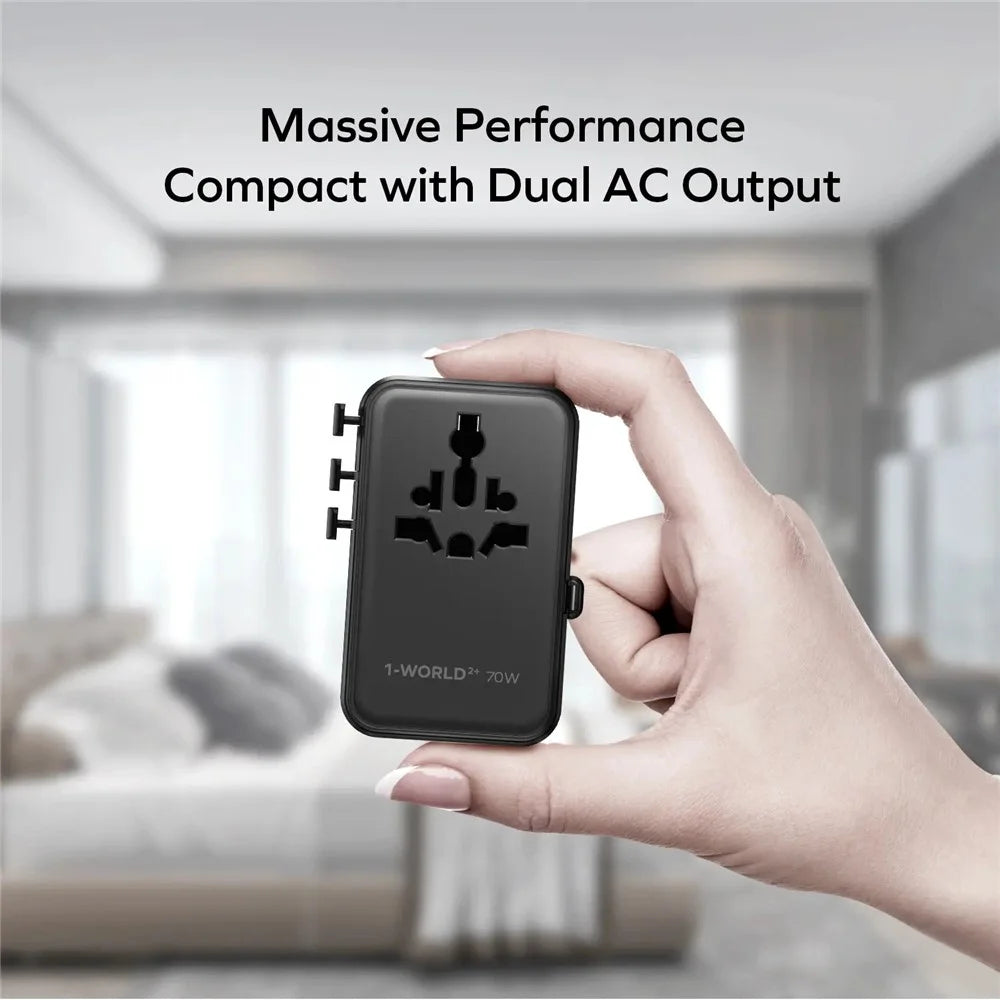 MOMAX UA30 1-World2+ Dual AC Universal Travel Adapter GaN 70W International Power Adapter Built-in Retractable Cable - Black - 2