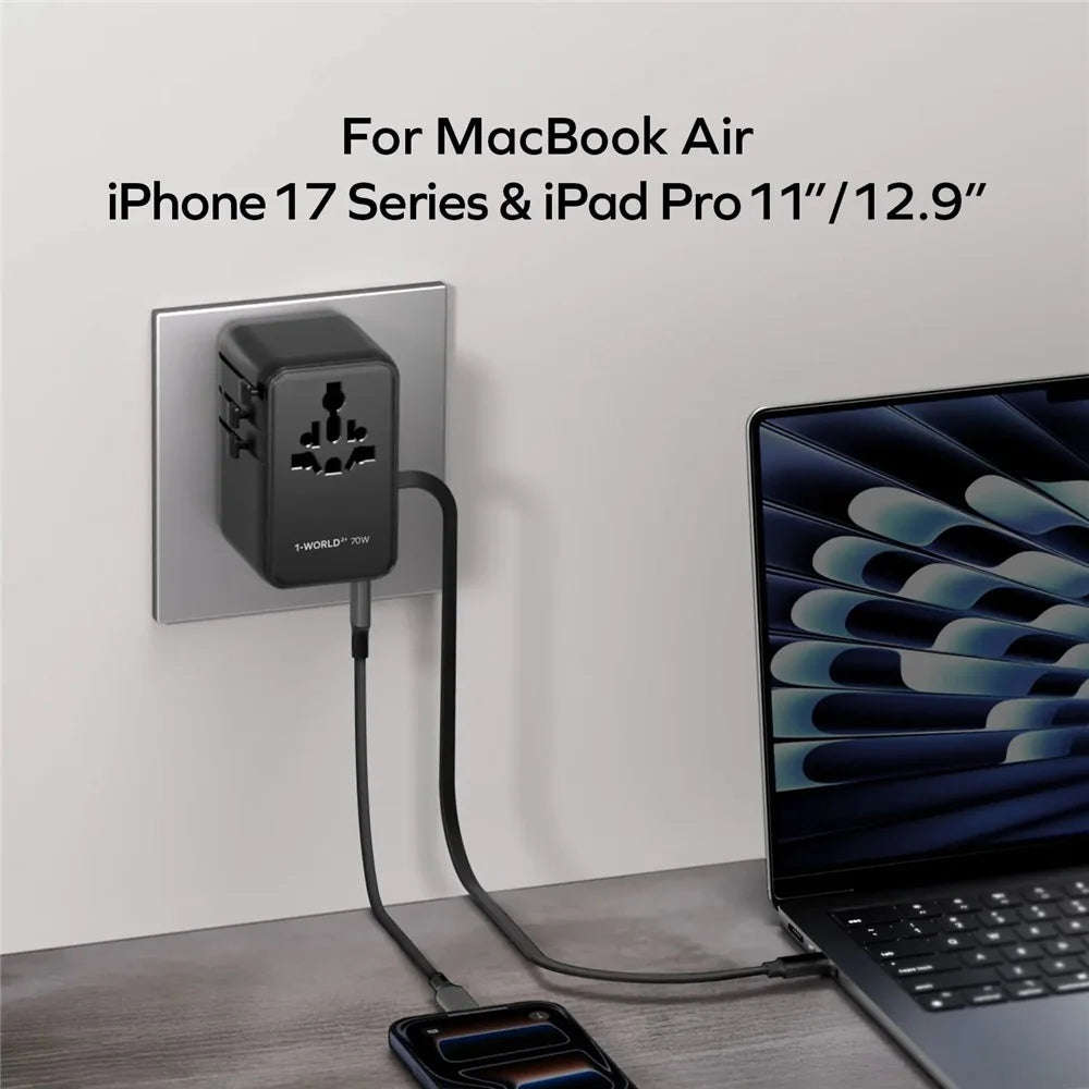 MOMAX UA30 1-World2+ Dual AC Universal Travel Adapter GaN 70W International Power Adapter Built-in Retractable Cable - Black - 3