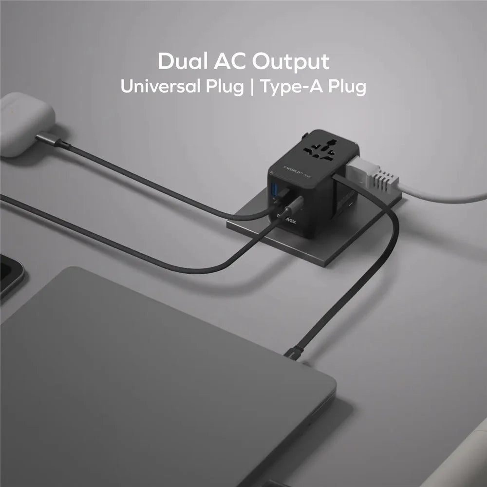 MOMAX UA30 1-World2+ Dual AC Universal Travel Adapter GaN 70W International Power Adapter Built-in Retractable Cable - Black - 4