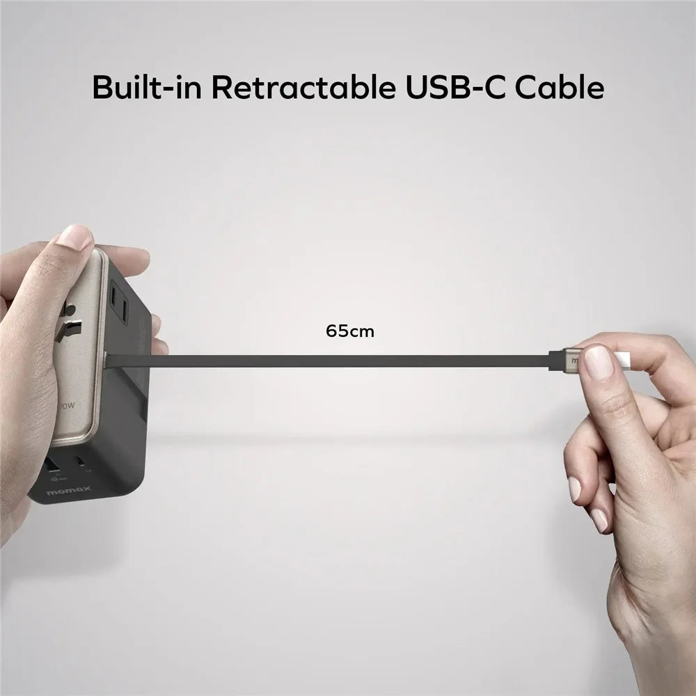 MOMAX UA30 1-World2+ Dual AC Universal Travel Adapter GaN 70W International Power Adapter Built-in Retractable Cable - Black - 5