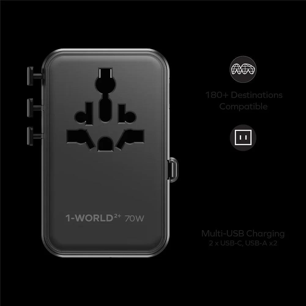 MOMAX UA30 1-World2+ Dual AC Universal Travel Adapter GaN 70W International Power Adapter Built-in Retractable Cable - Black - 6
