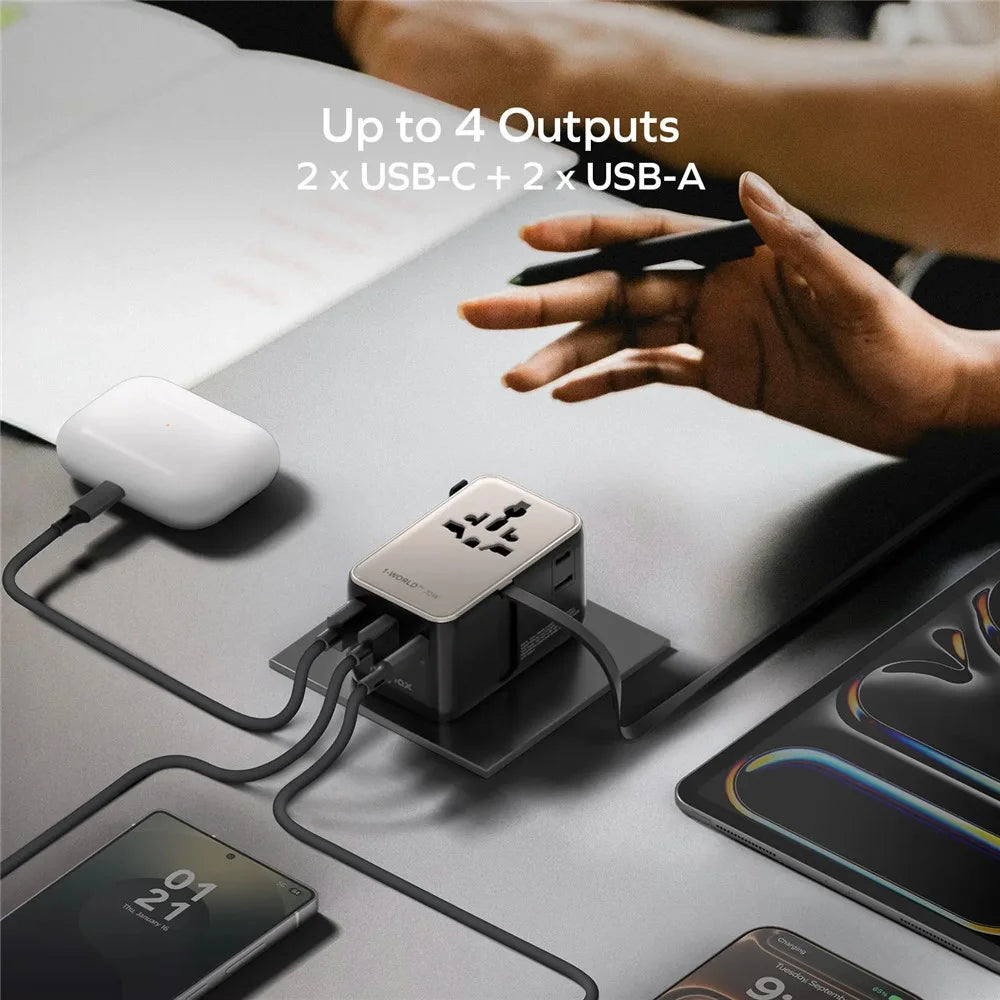 MOMAX UA30 1-World2+ Dual AC Universal Travel Adapter GaN 70W International Power Adapter Built-in Retractable Cable - Black - 7
