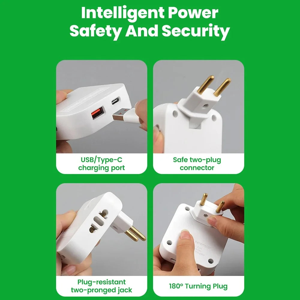 4 in 1 Power Adapter with USB-A + USB-C + 2 AC Outlets 180 Degree Rotatable EU Plug 2500W Travel Converter - White - 4