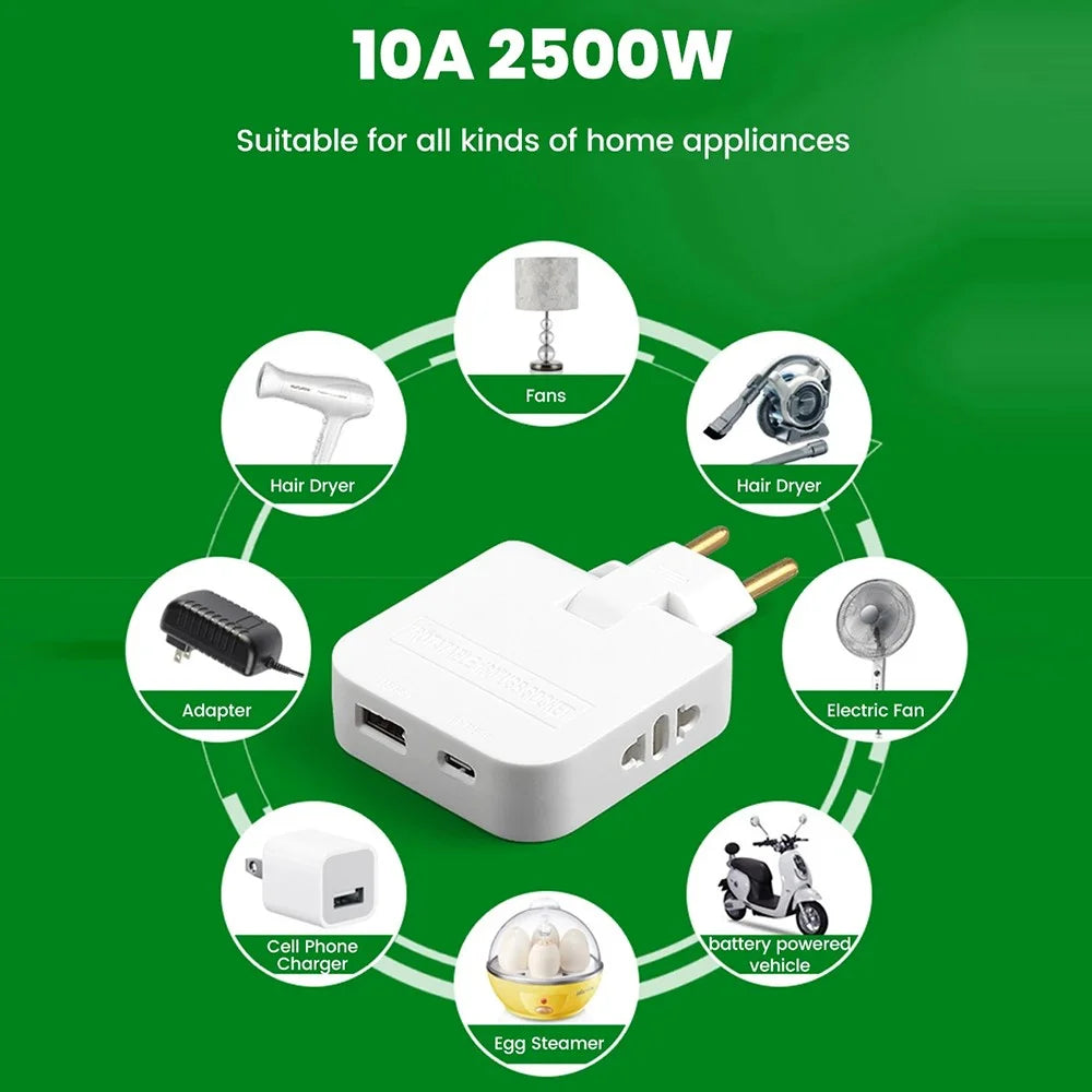 4 in 1 Power Adapter with USB-A + USB-C + 2 AC Outlets 180 Degree Rotatable EU Plug 2500W Travel Converter - White - 5