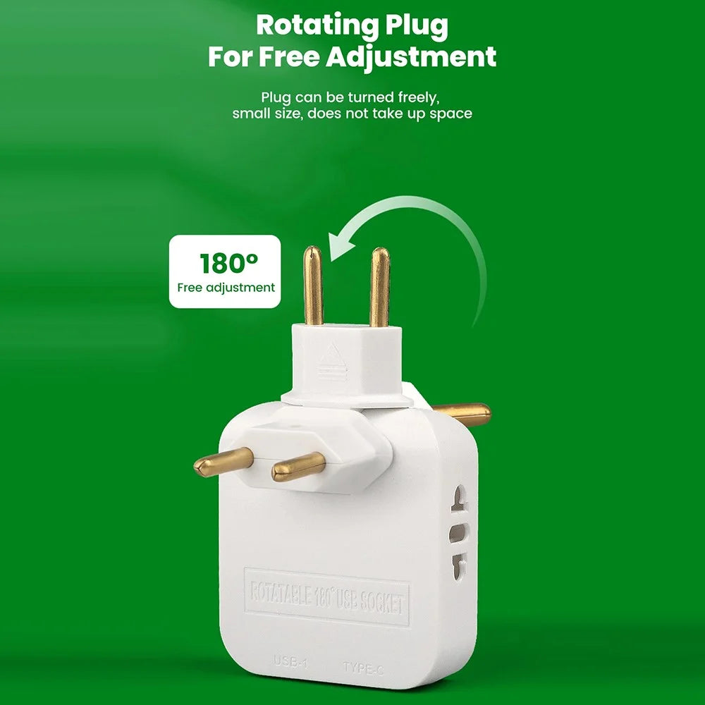 4 in 1 Power Adapter with USB-A + USB-C + 2 AC Outlets 180 Degree Rotatable EU Plug 2500W Travel Converter - White - 6