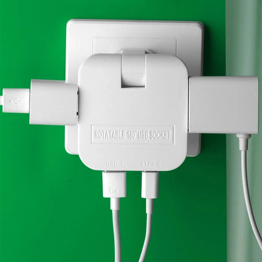 4 in 1 Power Adapter with USB-A + USB-C + 2 AC Outlets 180 Degree Rotatable EU Plug 2500W Travel Converter - White - 7