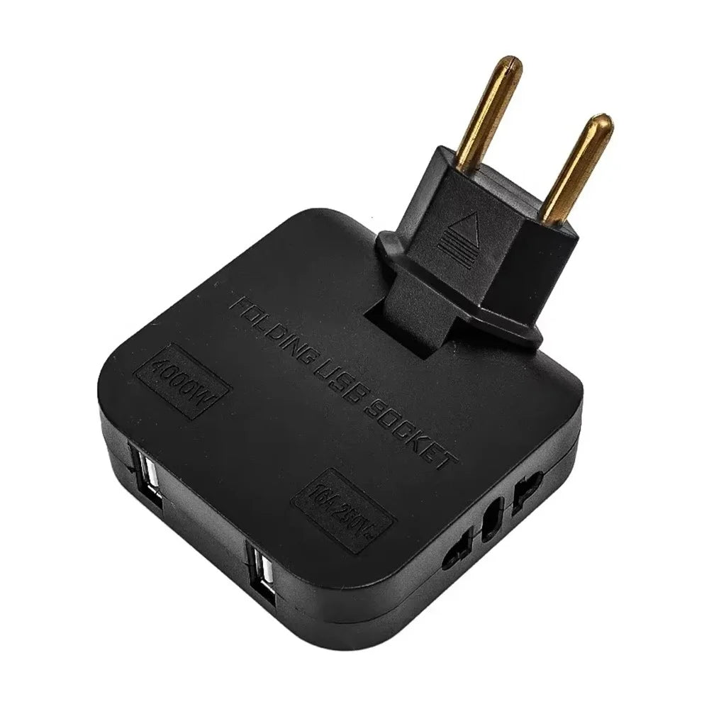 4 in 1 Power Adapter with 2 USB-A + 2 AC Outlets 180 Degree Rotatable EU Plug 2500W Travel Converter - Black - 1