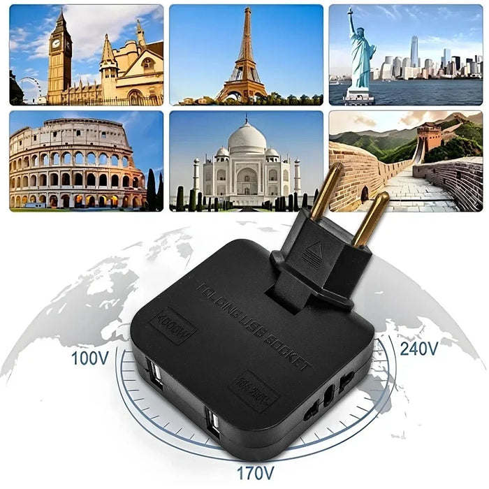 4 in 1 Power Adapter with 2 USB-A + 2 AC Outlets 180 Degree Rotatable EU Plug 2500W Travel Converter - Black - 4