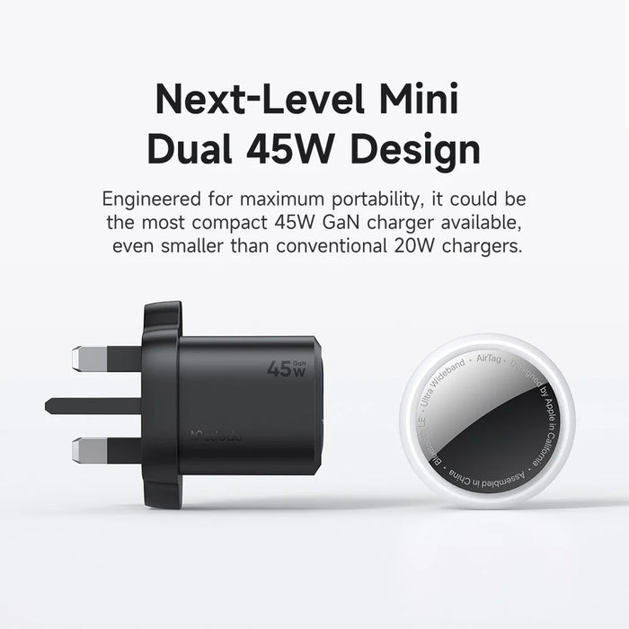 MCDODO CH-0992 UK Plug 45W Fast Charging Adapter Dual USB-C GaN Charger for iPhone iPad MacBook Samsung - Black - 4