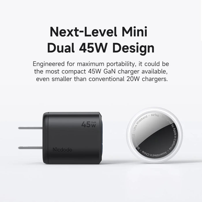 MCDODO CH-1022 US Plug 45W Fast Charging Adapter Dual USB-C GaN Charger for iPhone iPad MacBook Samsung - Black - 4