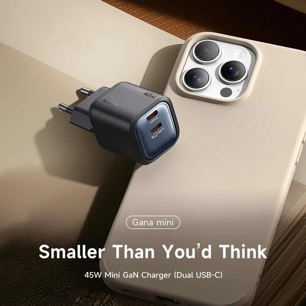 MCDODO CH-1002 EU Plug 45W Fast Charging Adapter Dual USB-C GaN Charger for iPhone iPad MacBook Samsung - Black - 3